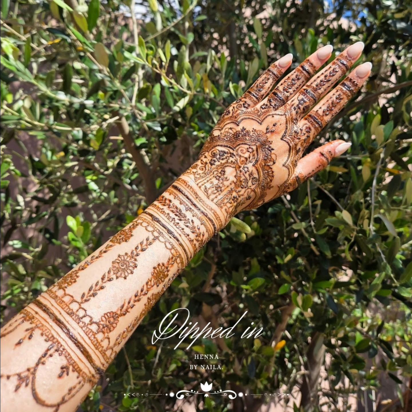 Above-mid-arm henna: a full bridal arm with fine bands and florals